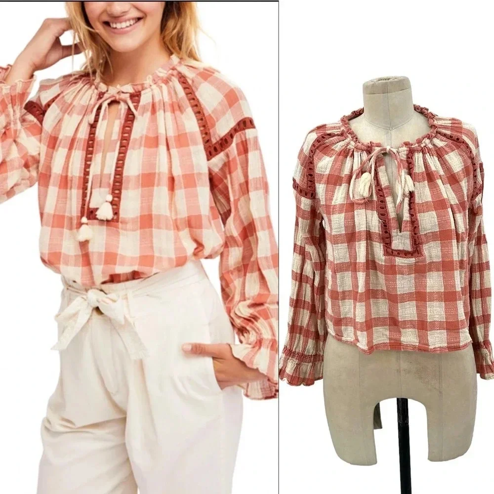 Free People Honey Grove Top Pink Cream Plaid Check Size‎ XS